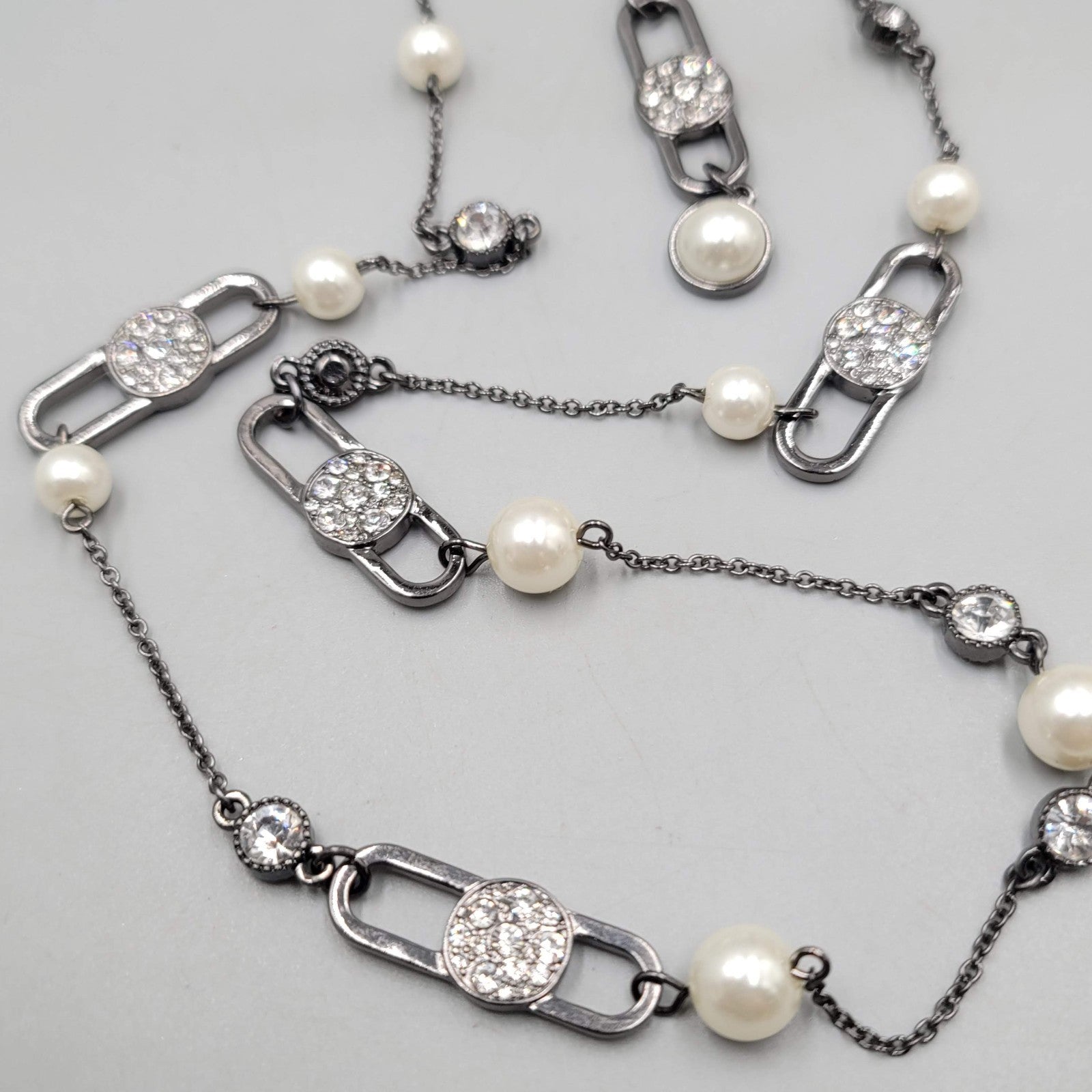 Black Metal Faux Pearl Rhinestone Necklace Convertible Removable Layer 18" & 36"