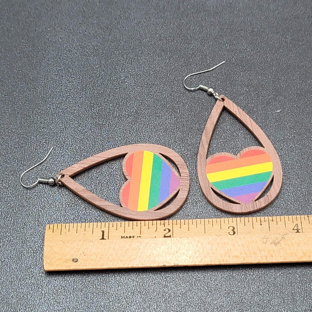New PRIDE HEART Pierced Earrings Rainbow Wood Teardrop Dangle 2.25"