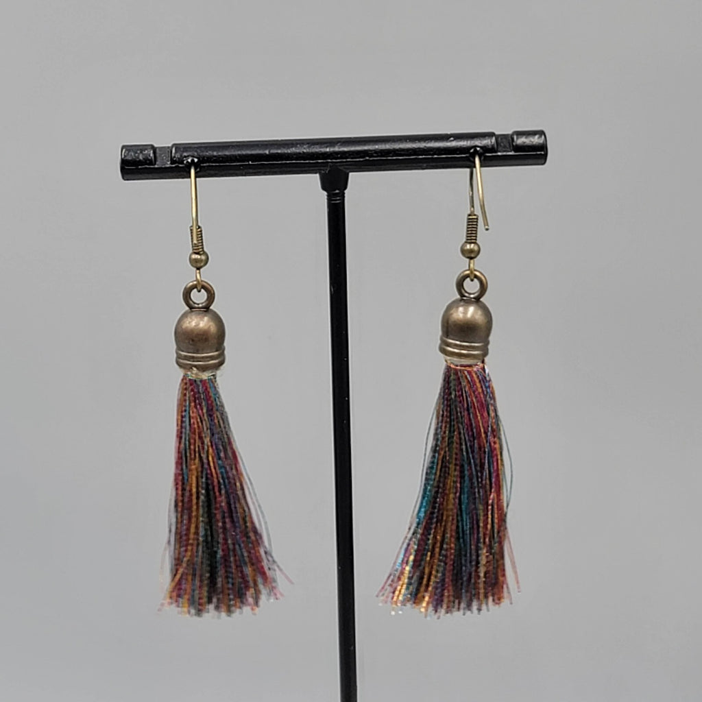 Tassel Pierced Earrings Bronze tone Multicolor Dangle 2"