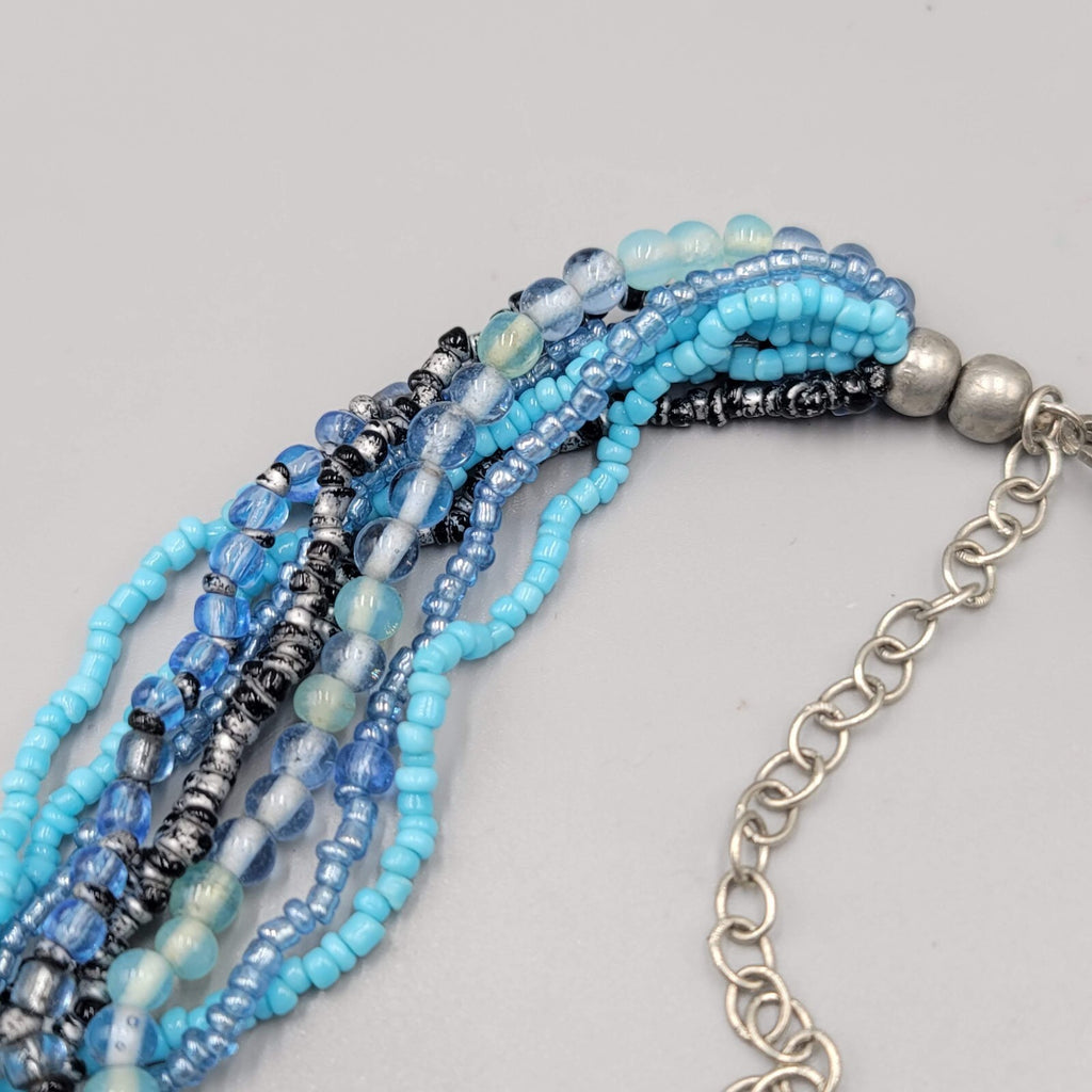 Multi Strand Blue Bead Twist Necklace Layered Silver tone 14"-17"