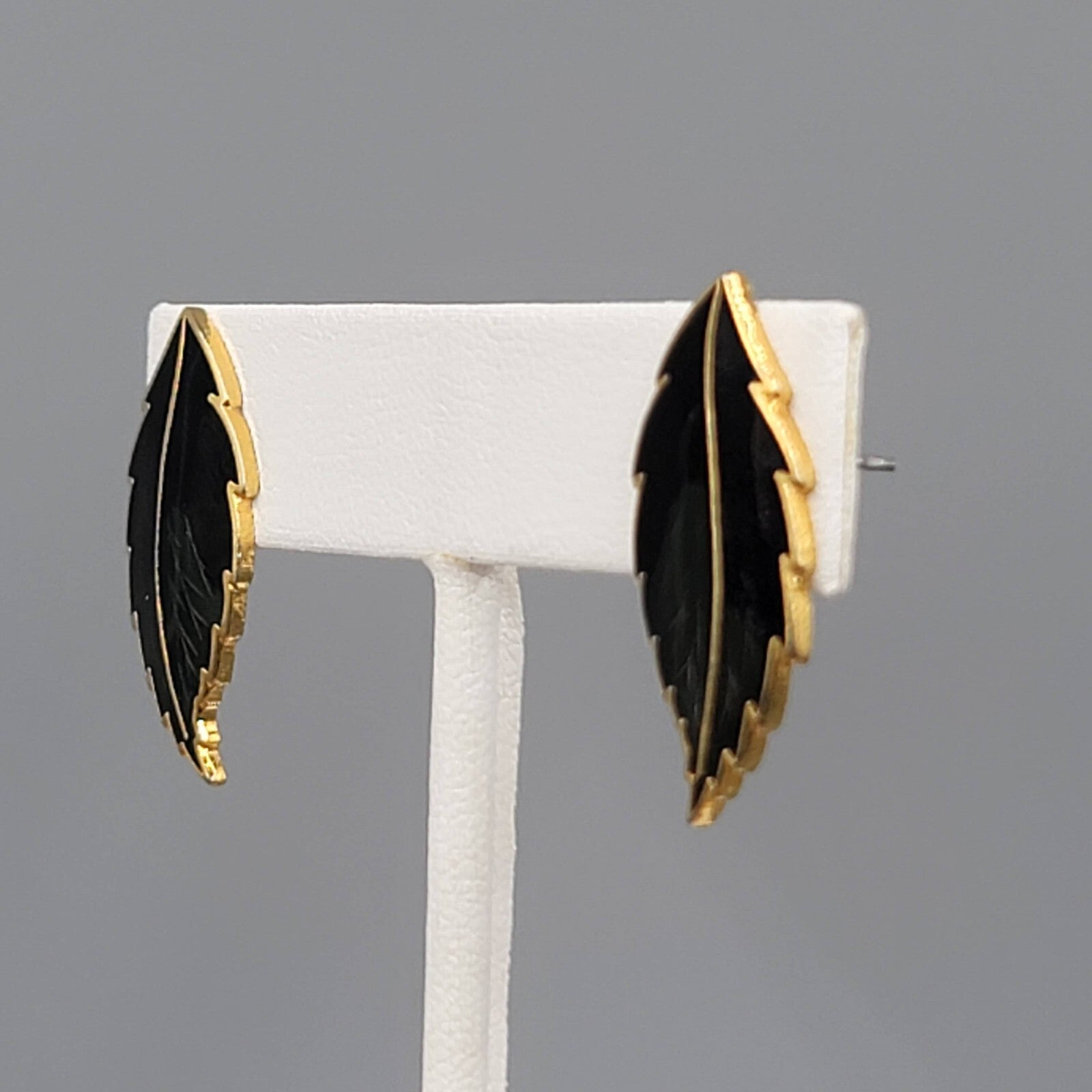 Vintage Guilloche Enamel Pierced Earrings Gold tone Green Black Drop 1 1/8"