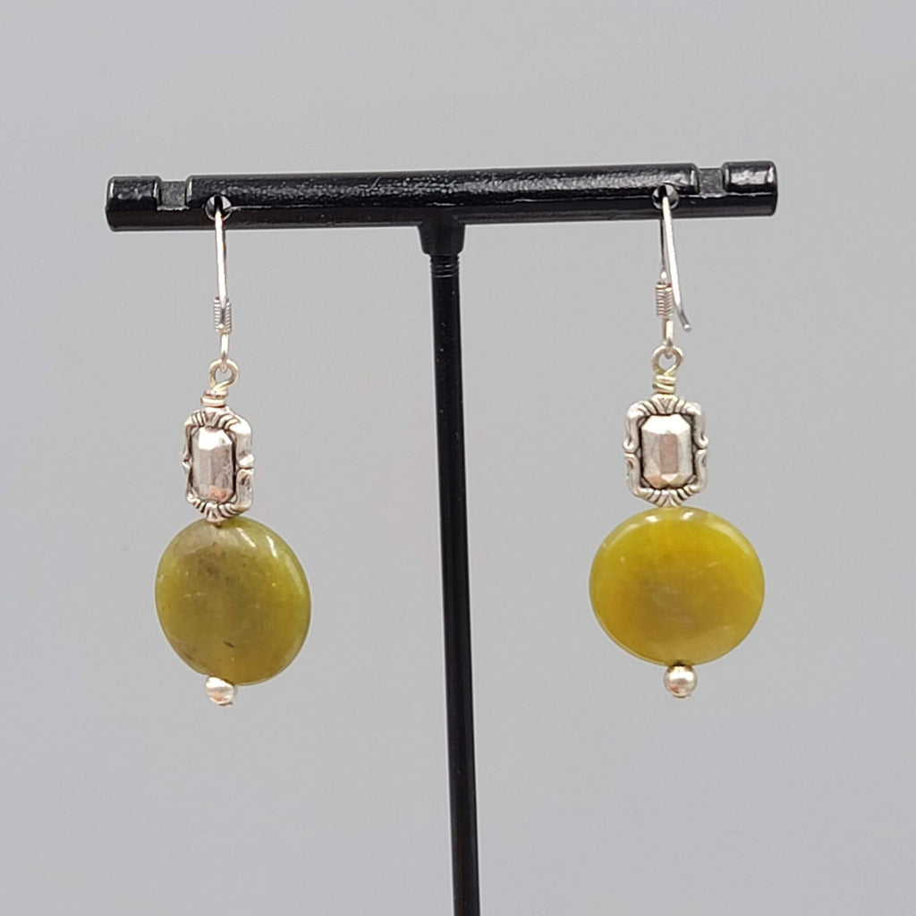 Round Green Stone Pierced Earrings Silver tone Dangle 1.25"