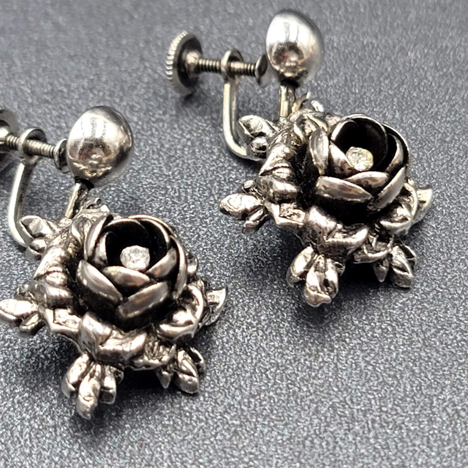 Vintage Clip on Earrings Silver tone 3D Flower Rhinestone Dangle 1"