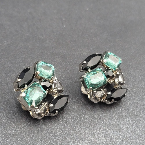 Clip on Earrings Silver tone Acrylic Green Black Statement Drop 1"