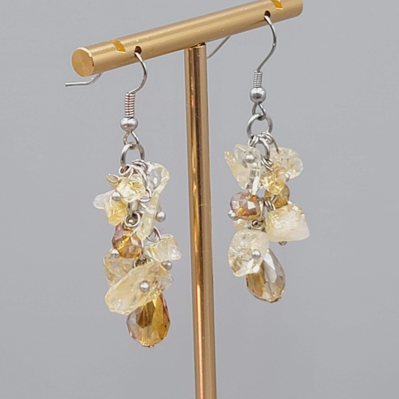 Quartz and Crystal Cluster Beads Pierced Earrings Silver tone Dangle 1.5"