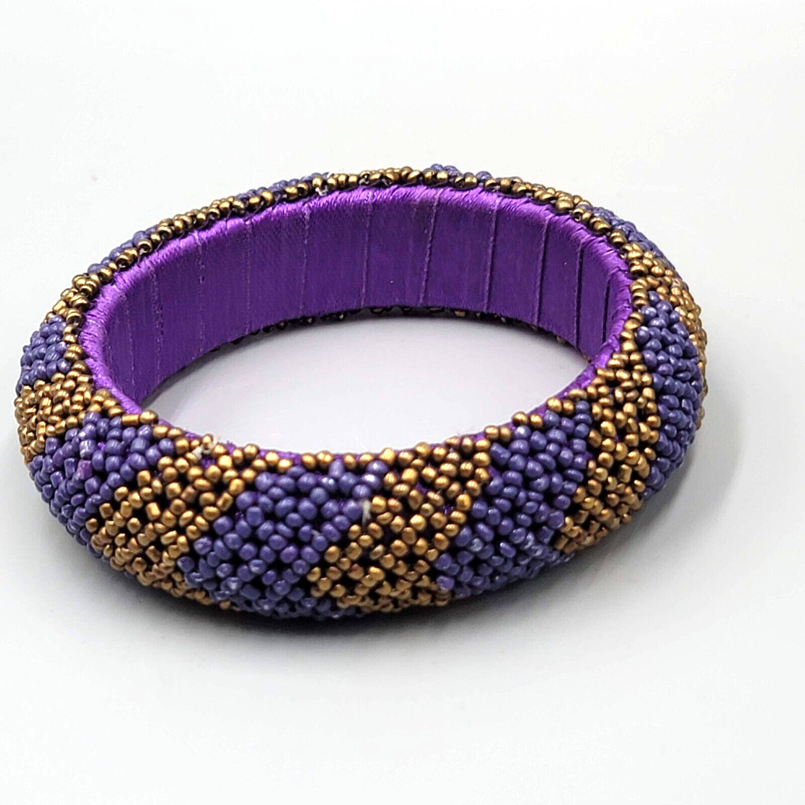 Purple Seed Bead Bangle Bracelet Bronze tone Beads 8 in