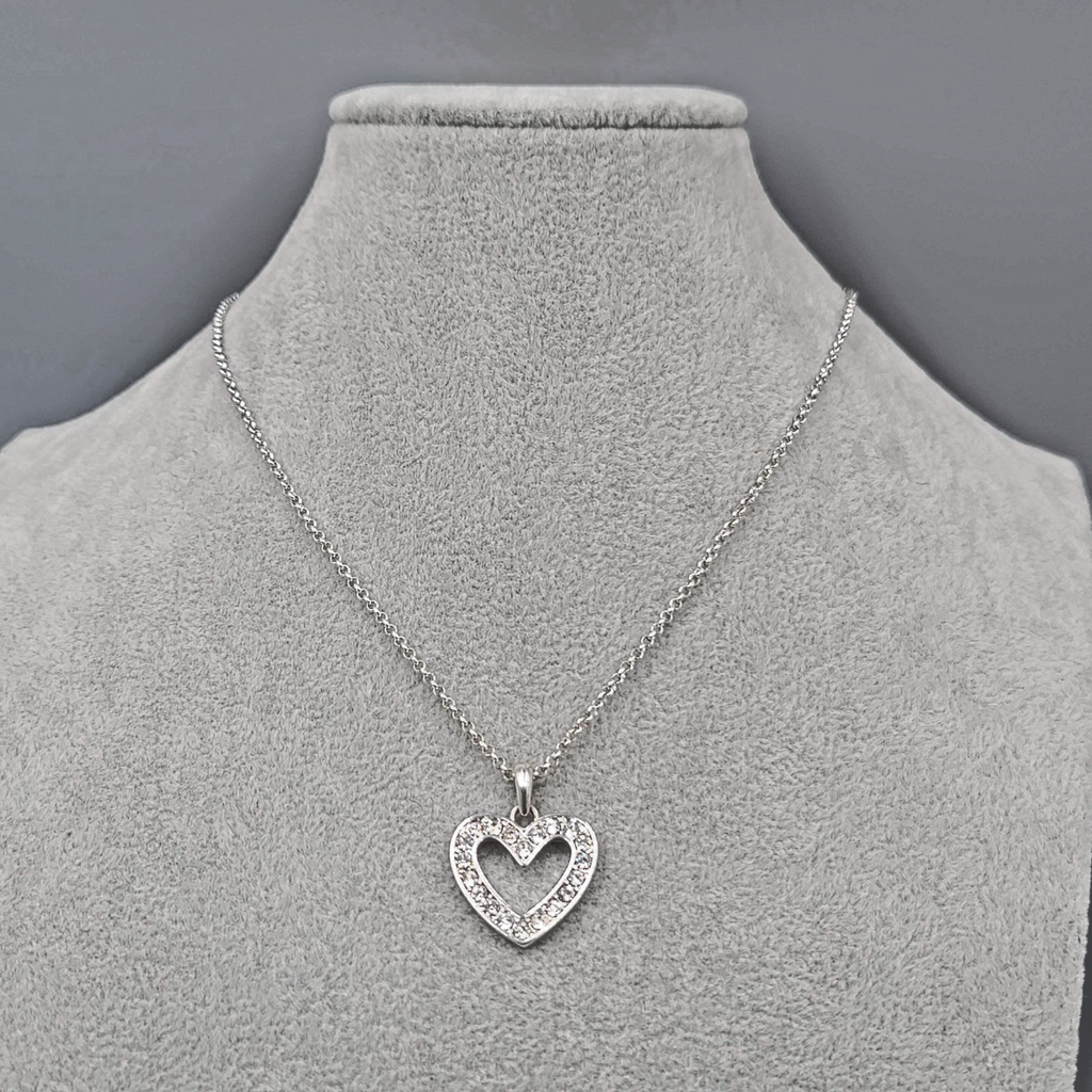 Open Heart Crystal Pendant Necklace Silver tone 16"-20"