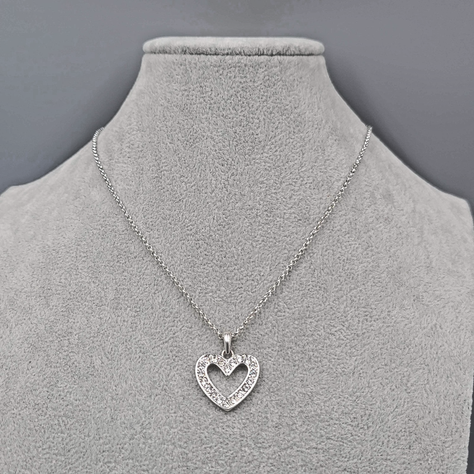 Open Heart Crystal Pendant Necklace Silver tone 16"-20"