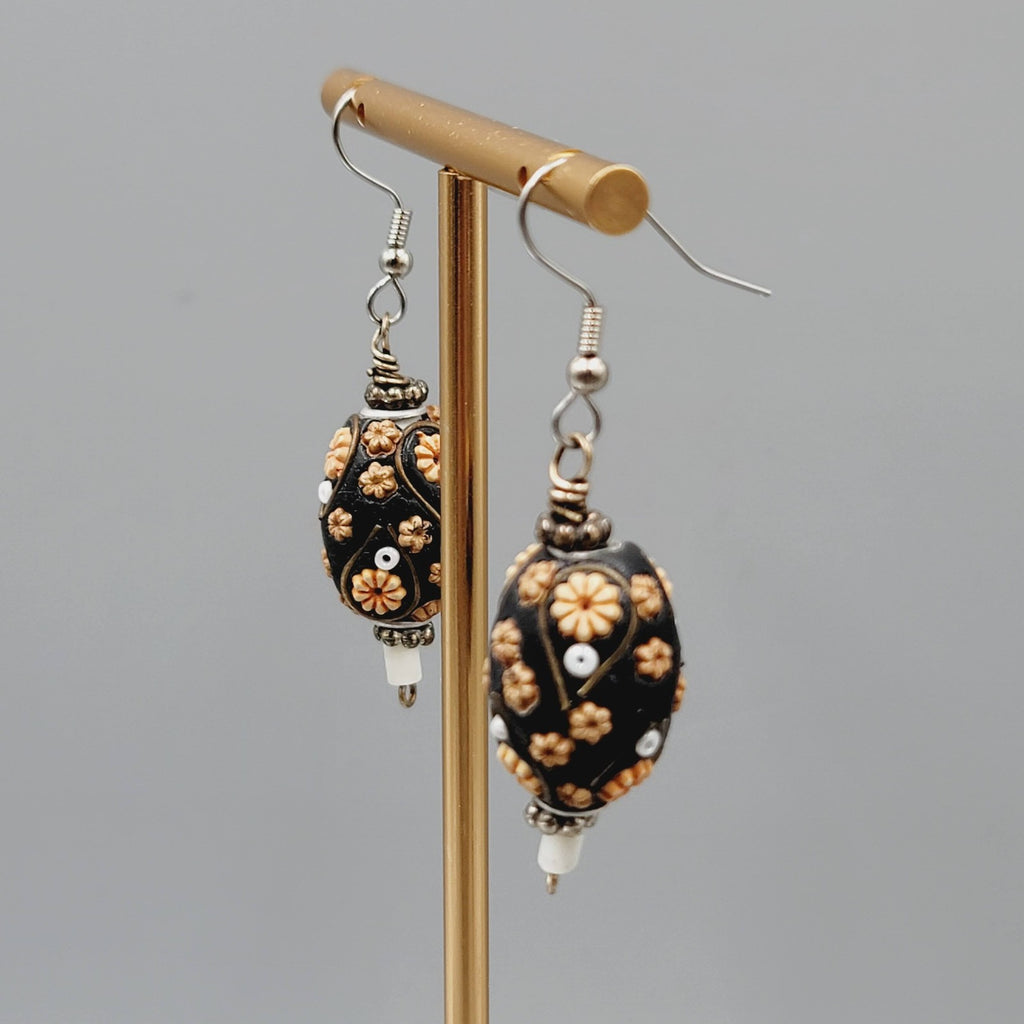 Handmade Floral Bead Pierced Earrings Boho Statement Dangle Silver tone 1.5"