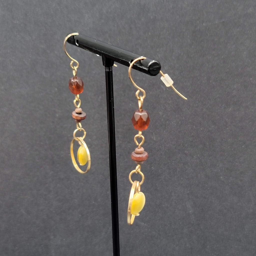 Pierced Earrings Gold tone Beaded Wood Dangle 1.75"