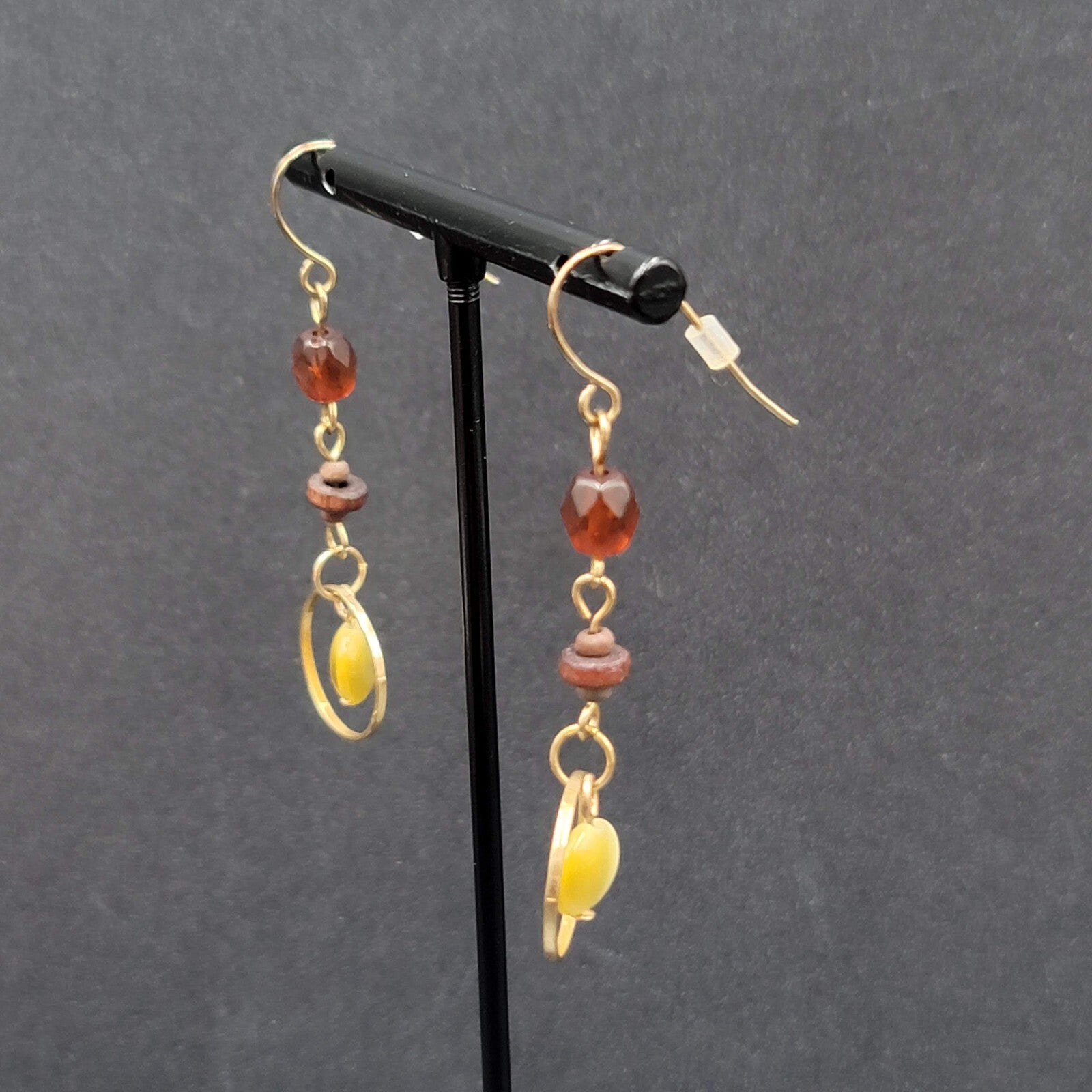 Pierced Earrings Gold tone Beaded Wood Dangle 1.75"
