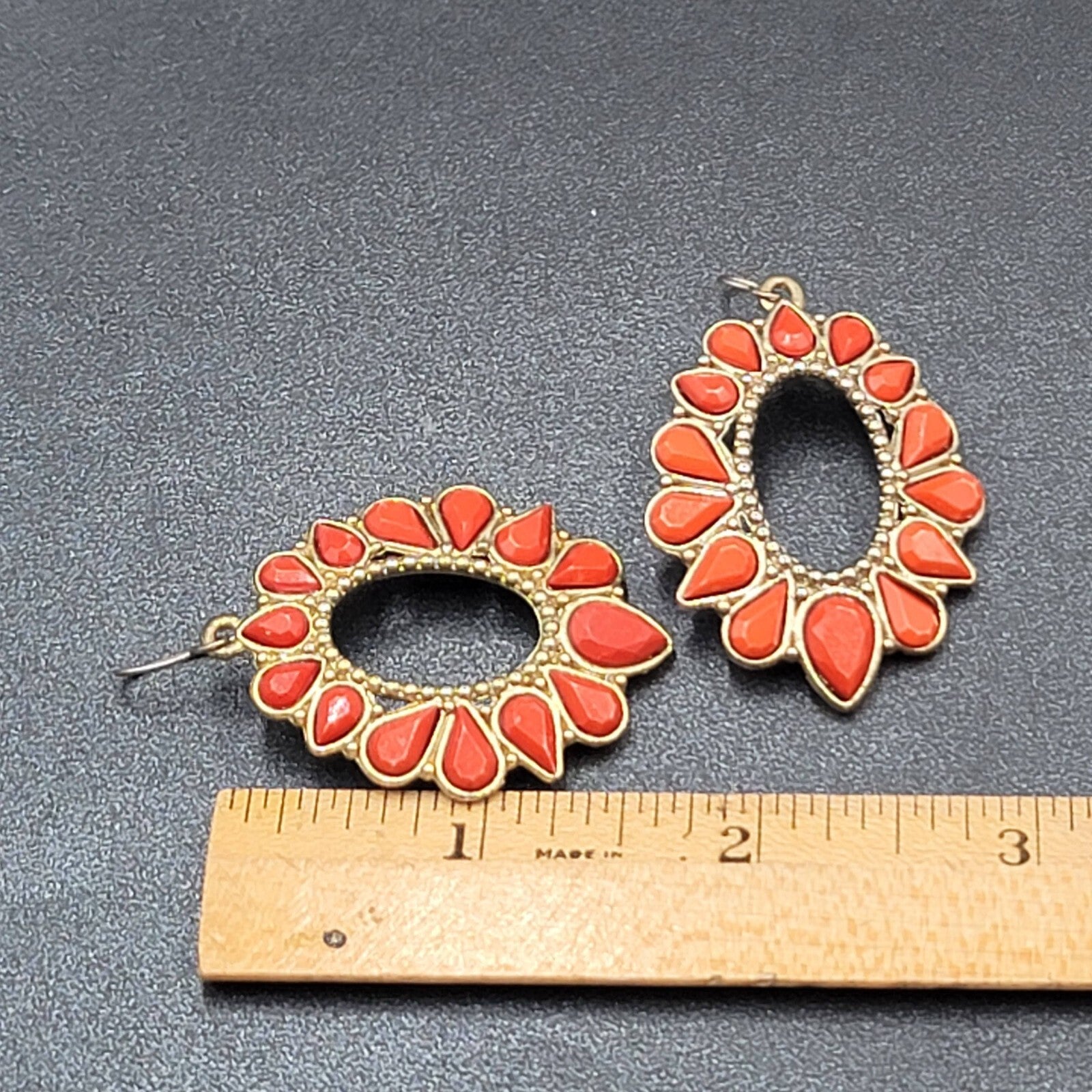 Pierced Earrings Gold tone Orange Open Teardrop Dangle 1.75"