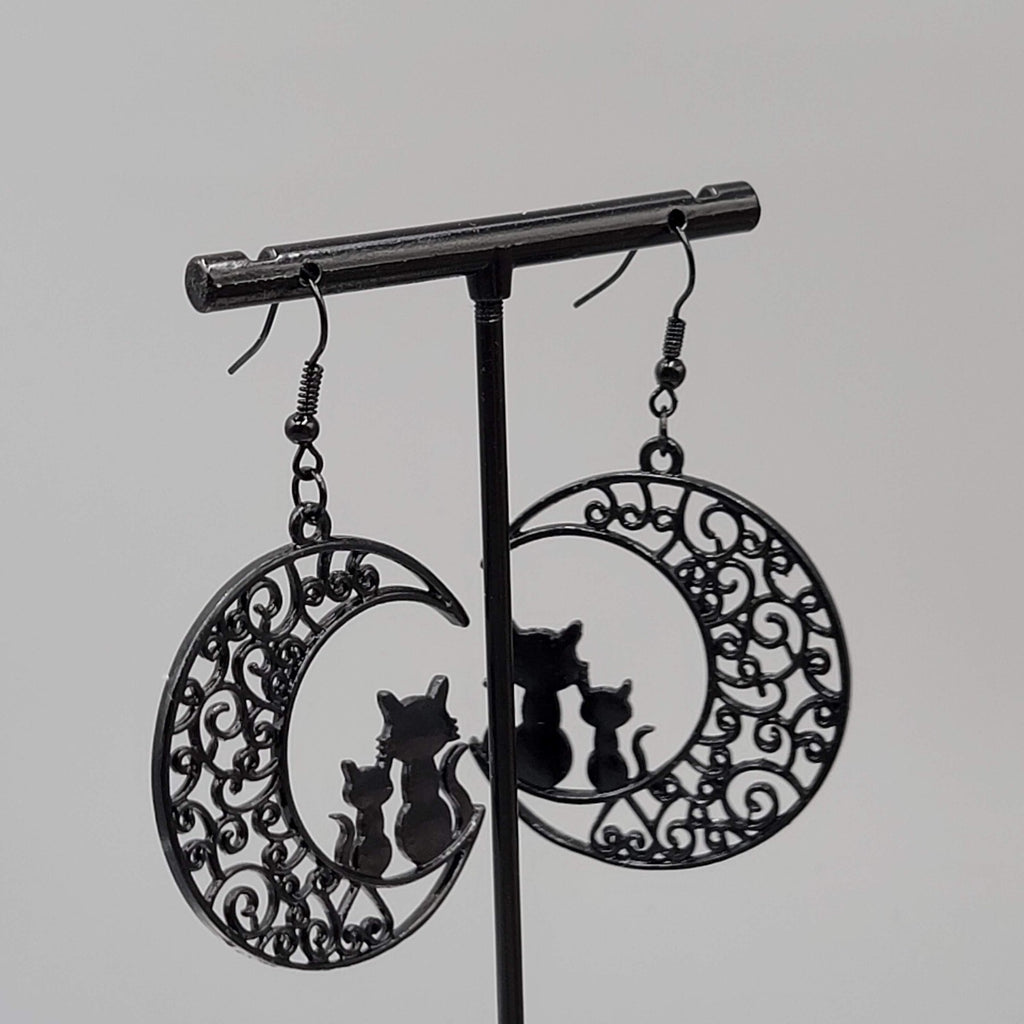 Cat Pierced Earrings Moon Black Enamel Silhouette Dangle 1 5/8"