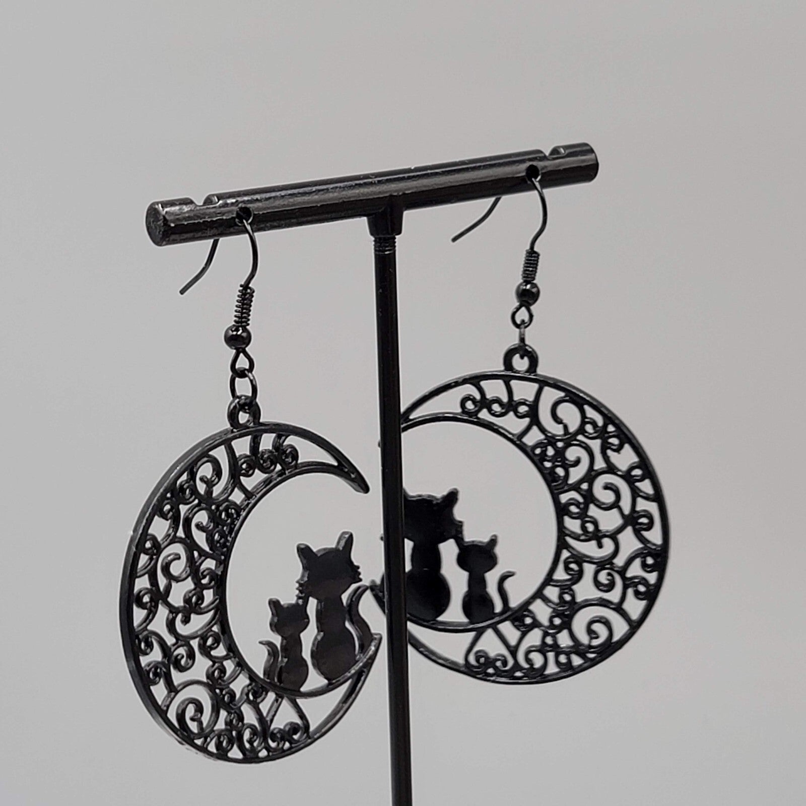 Cat Pierced Earrings Moon Black Enamel Silhouette Dangle 1 5/8"