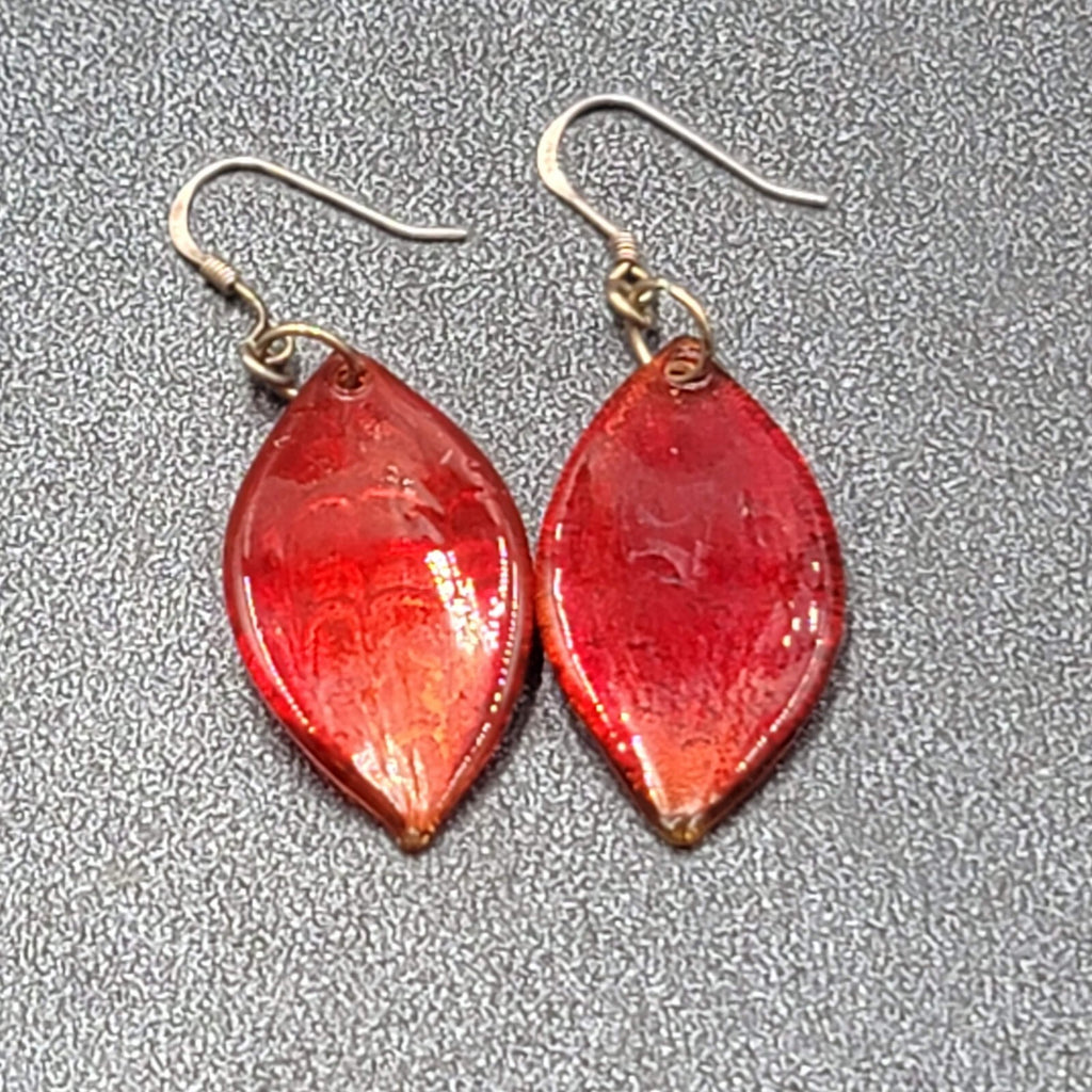 Sterling Silver Pierced Earrings Dichroic Red Glass Dangle 1.25"