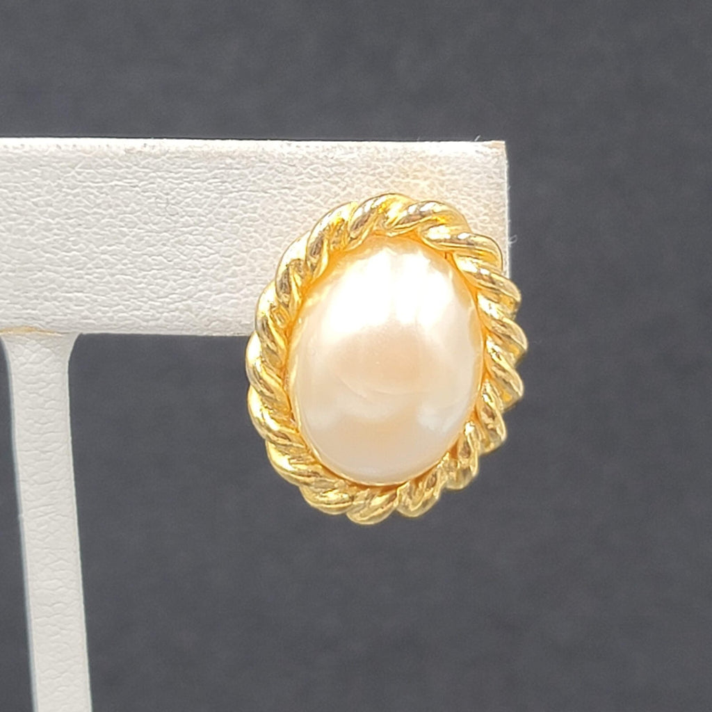 SC Pierced Earrings Gold Plated White Cabochon  7/8"