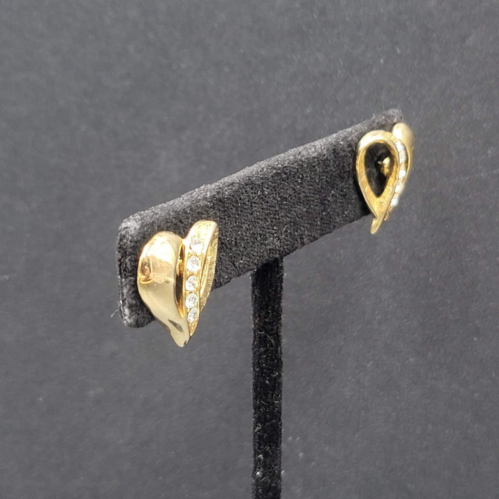 Vintage Pierced Earrings Gold Plated Crystal Heart Studs 3/4"