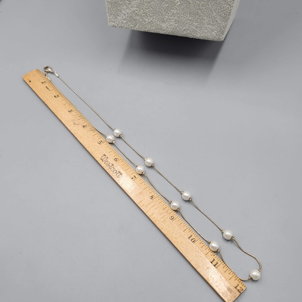 Faux Pearl Bead Station Necklace Silver tone 24 in