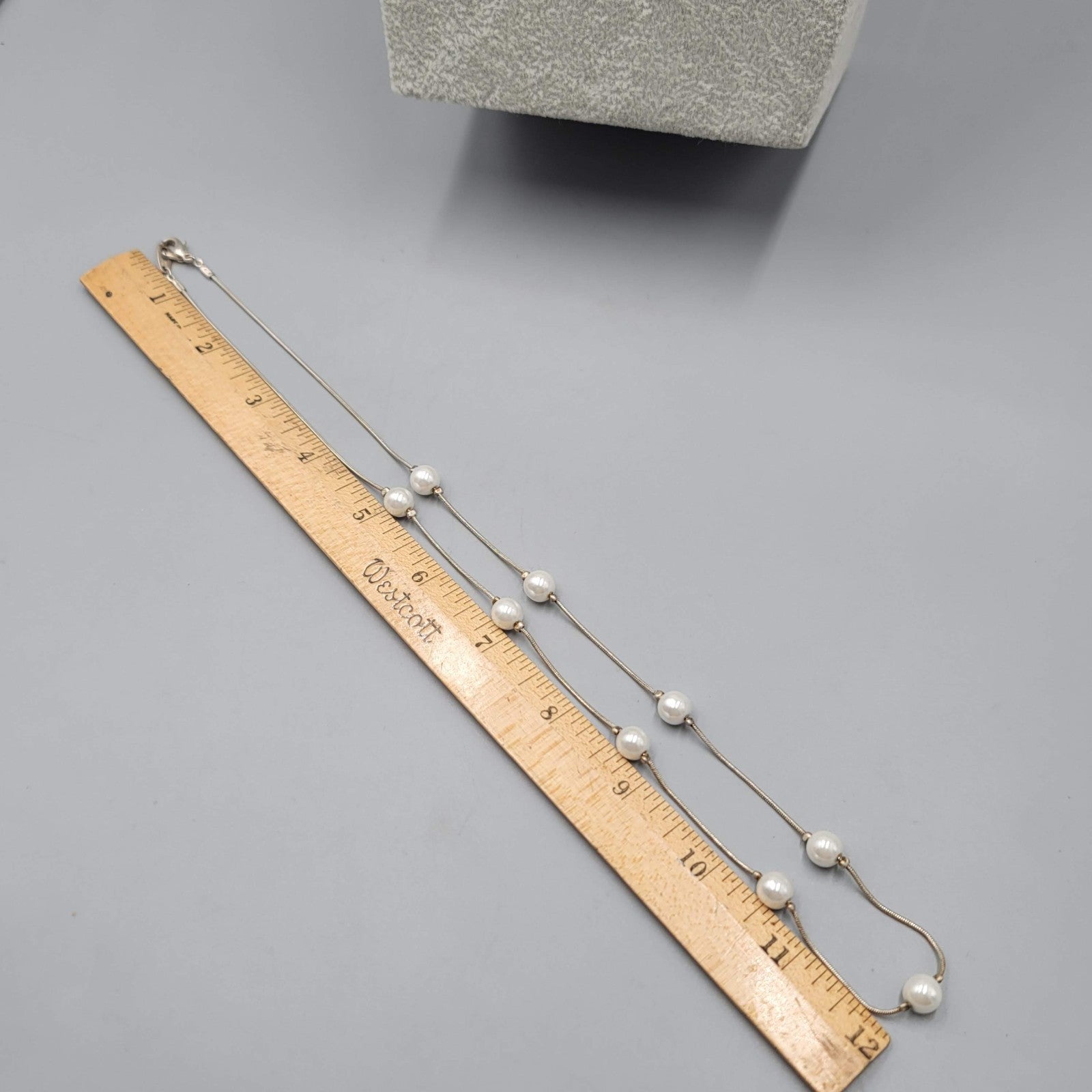 Faux Pearl Bead Station Necklace Silver tone 24 in