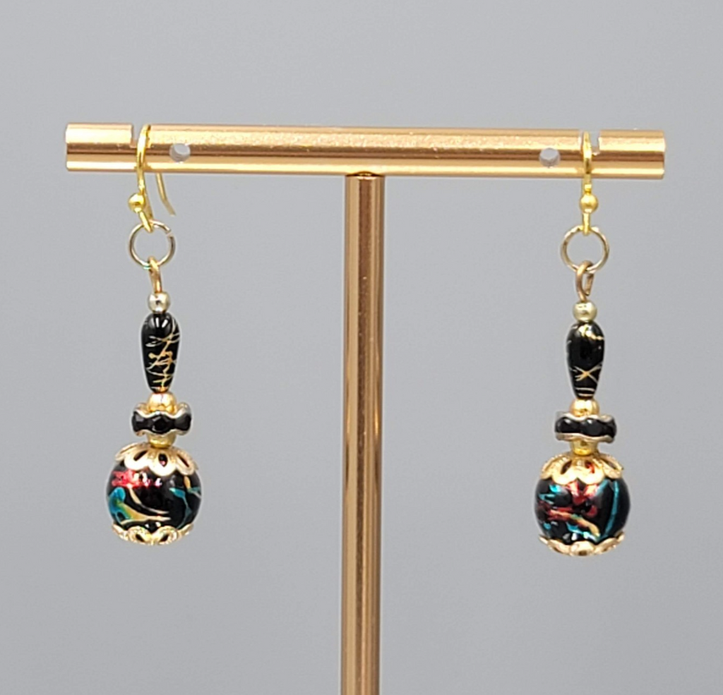 Black Bead Color Splatter Pierced Earrings Gold tone Dangle 1.5"