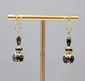 Black Bead Color Splatter Pierced Earrings Gold tone Dangle 1.5"