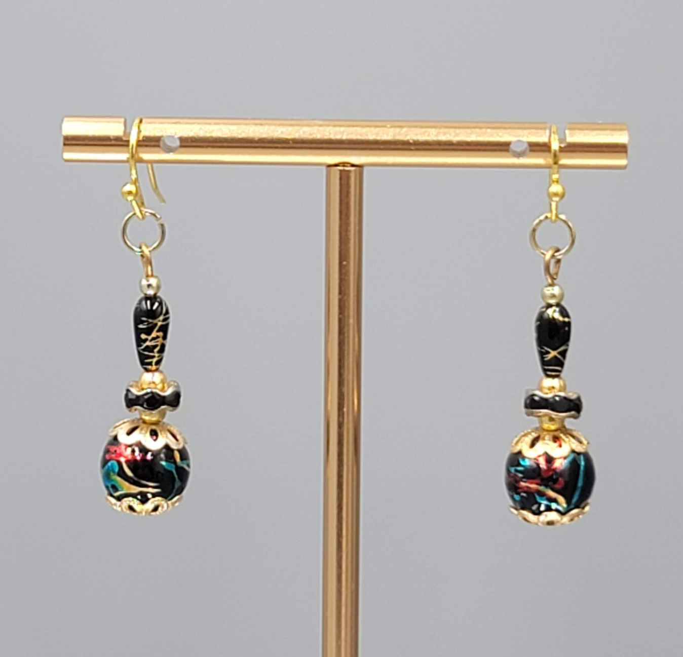 Black Bead Color Splatter Pierced Earrings Gold tone Dangle 1.5"