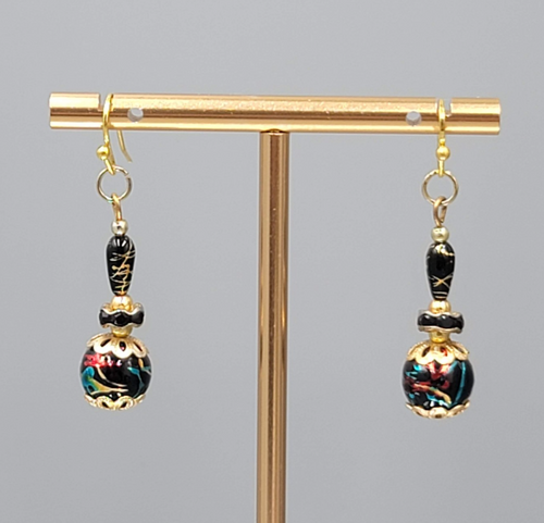 Black Bead Color Splatter Pierced Earrings Gold tone Dangle 1.5"