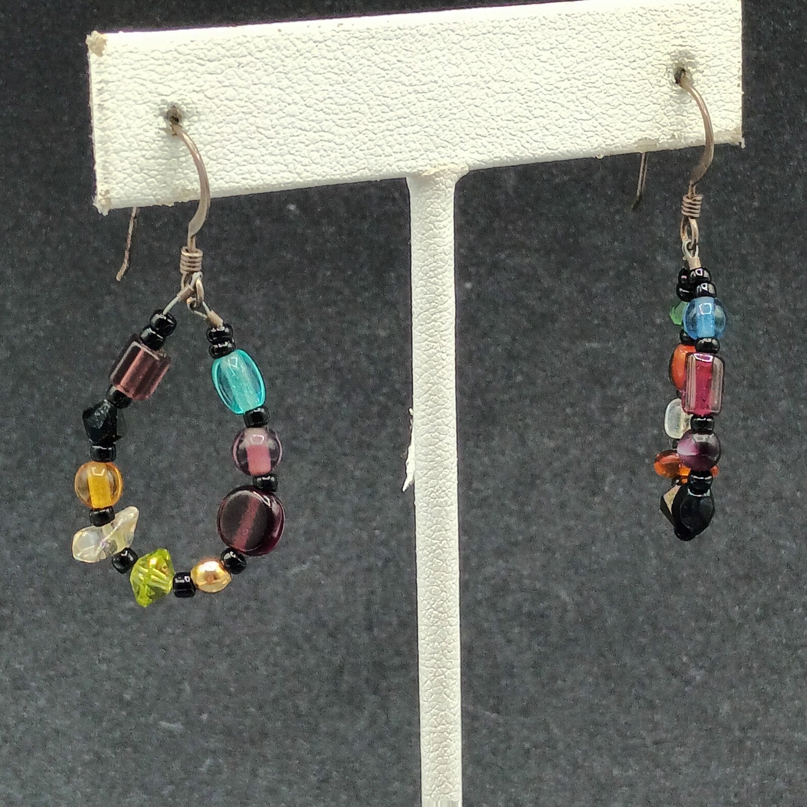 Pierced Earrings Silver tone End of Day Beads Multicolor Loop Dangle 1 1/8"