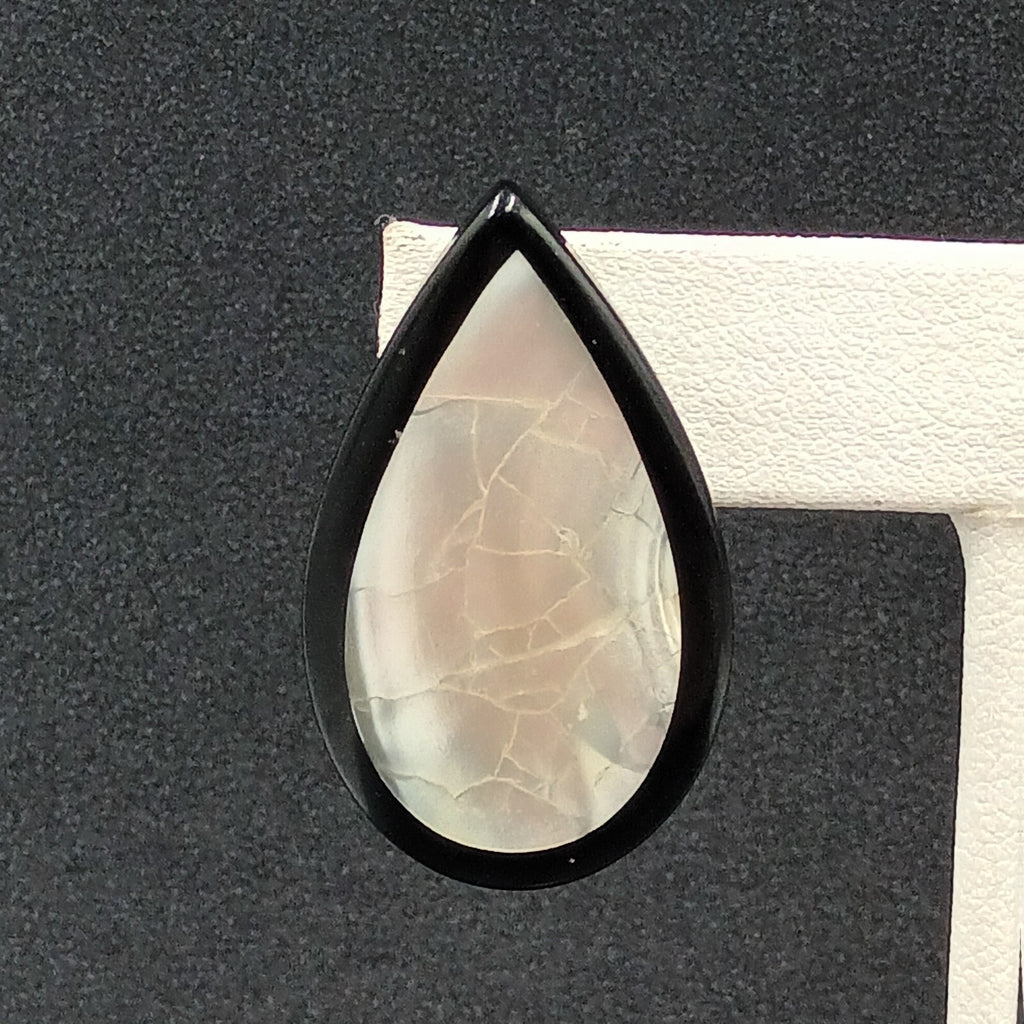 Vintage Pierced Earrings Mother of Pearl Inlaid Black Acrylic Teardrop Drop 1.5"