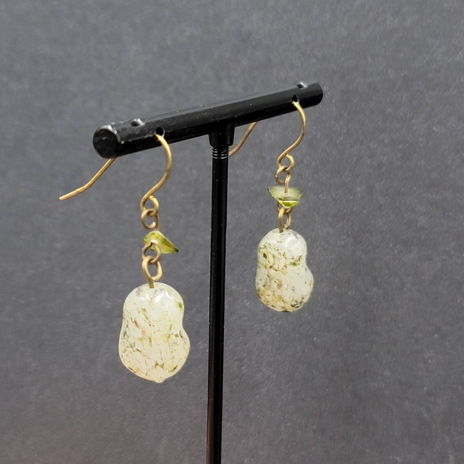 Pierced Earrings 1" Green Stone Chip and Acrylic Bead Lightweight Dangle 1"