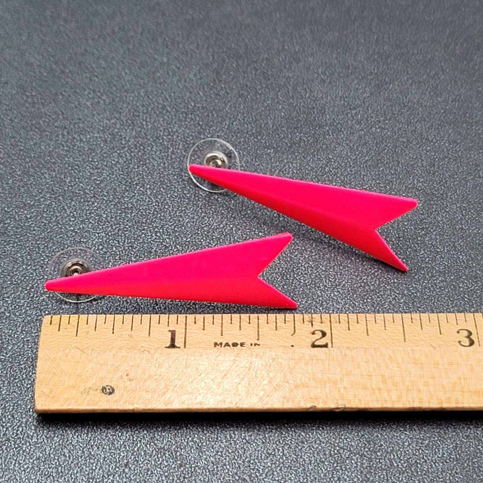 Vintage Pierced Earrings Fluorescent Hot Pink Drop Geometric 80s 1.75"