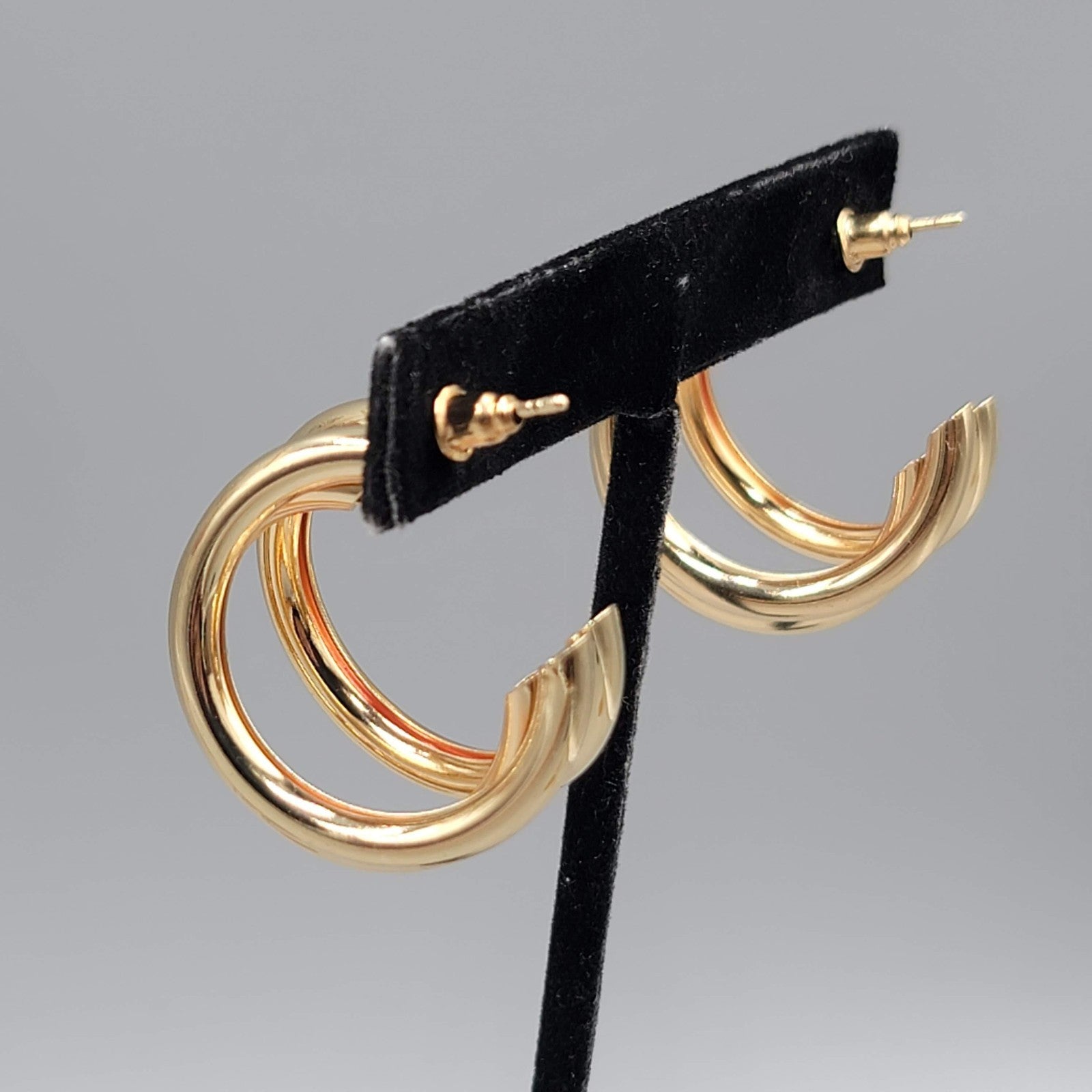 Triple Hoops Pierced Earrings Gold tone Drop 1 1/8 in