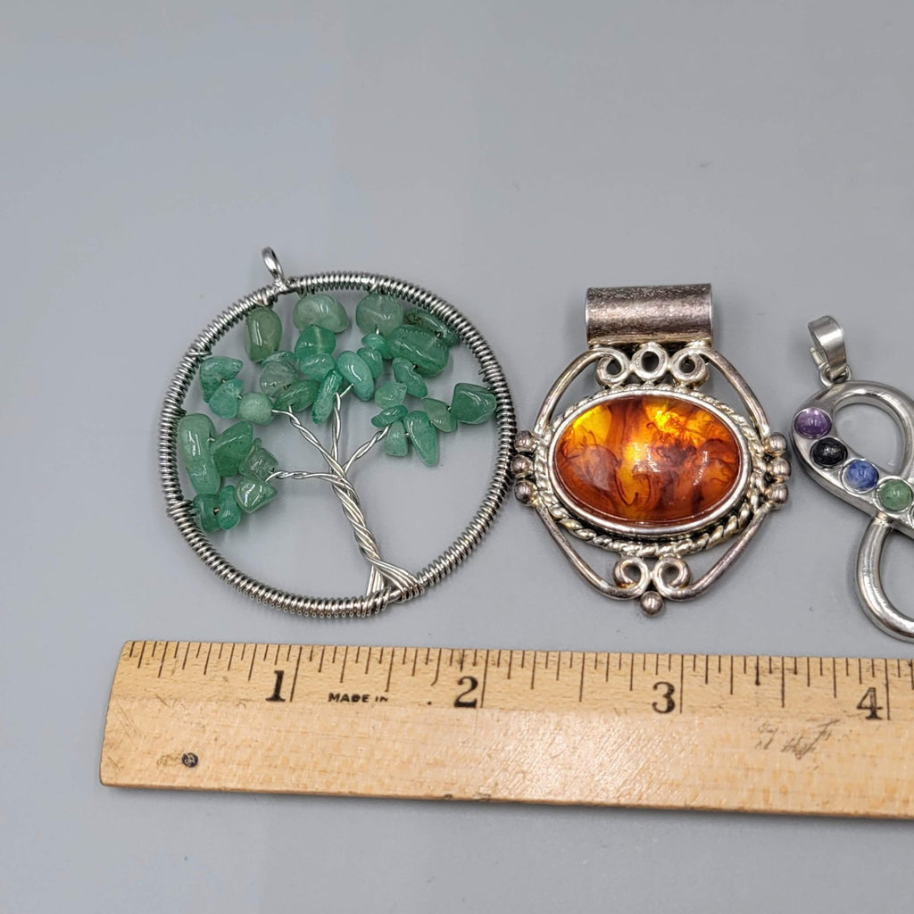 Lot of 4 Pendants Silver Tone Gemstone Tree Infinity Chakra LOVE Resin Large