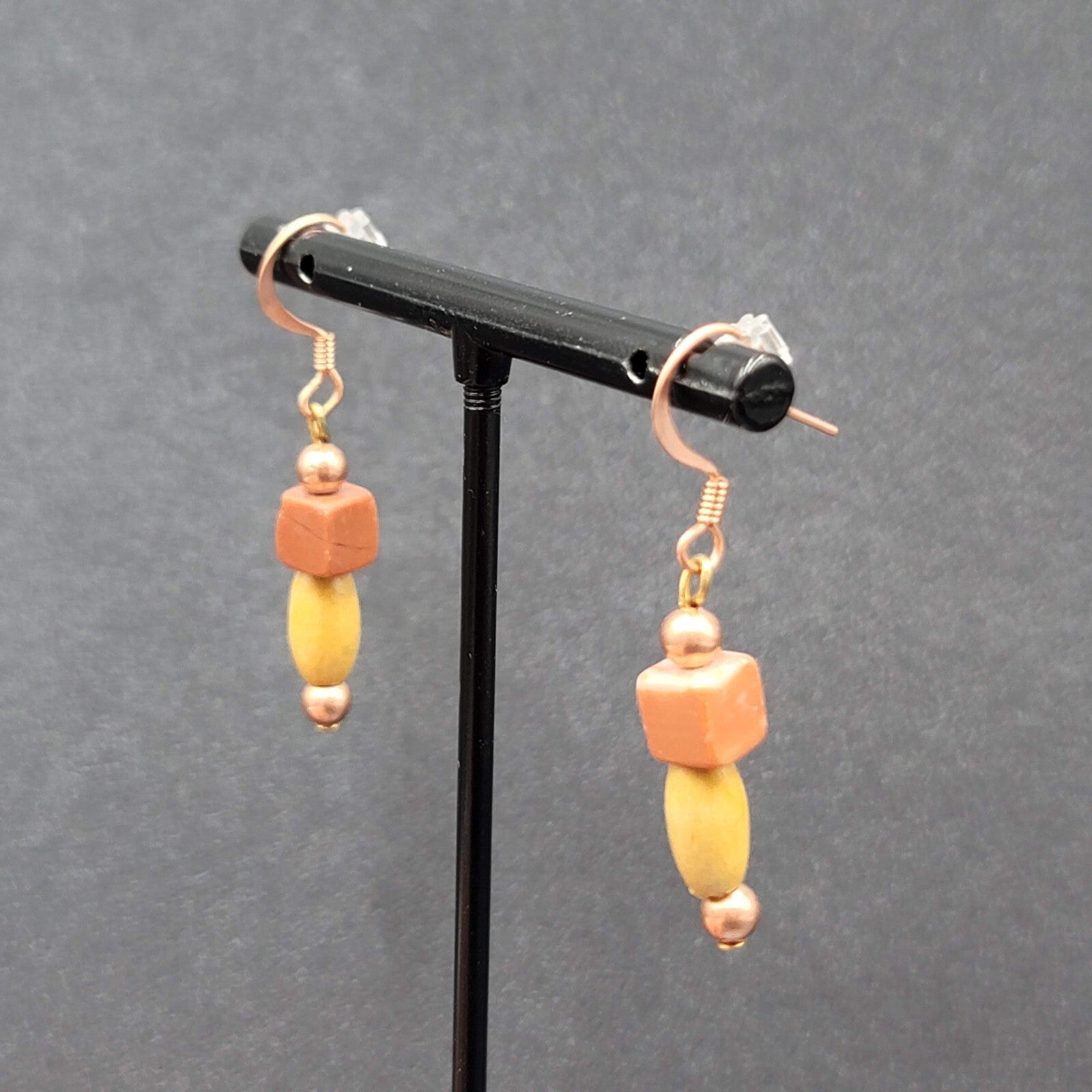 Pierced Earrings Red Stone Wood Bead Copper tone Dangle  1"