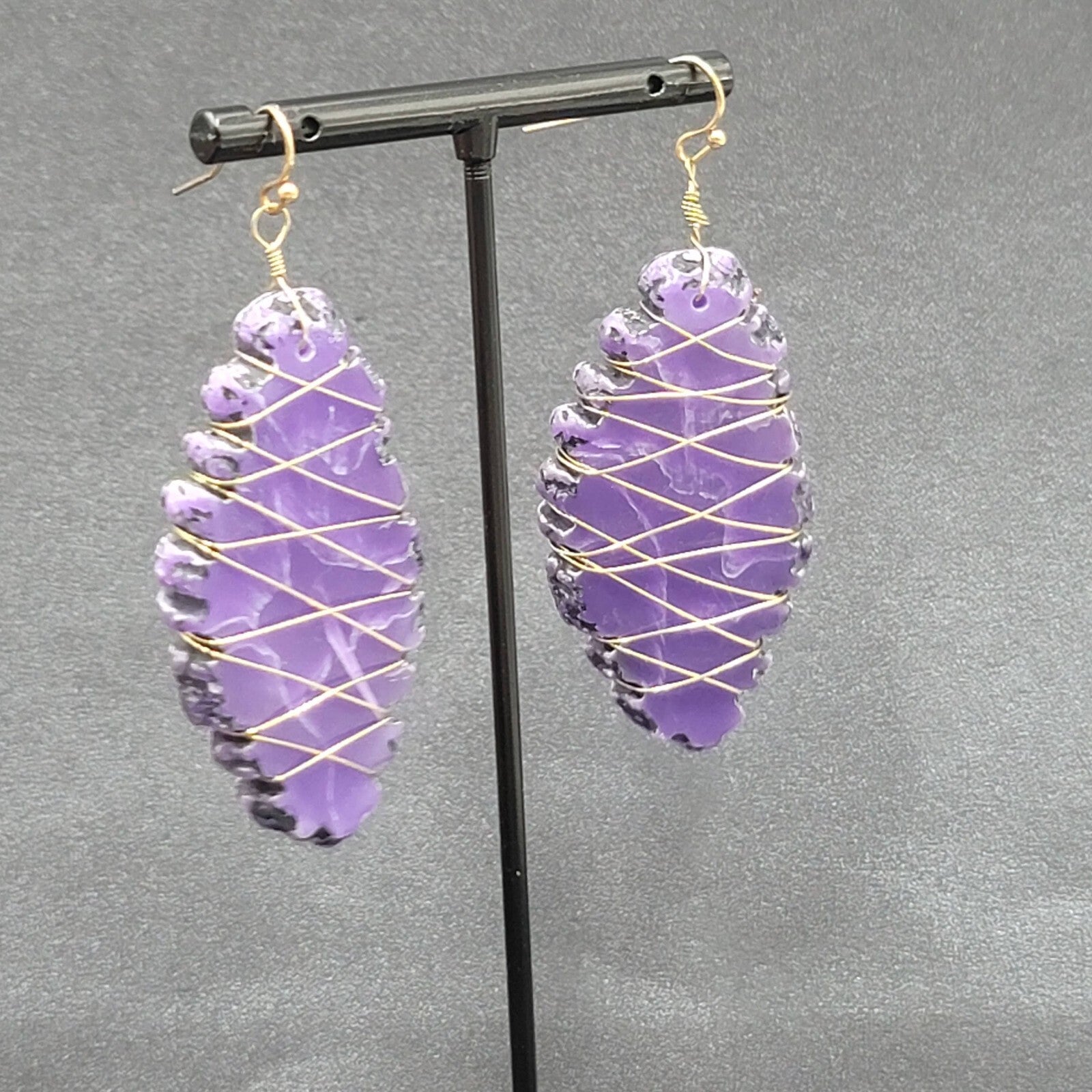 Artisan Pierced Earrings Wire Wrapped Purple Stone Dangle 2"