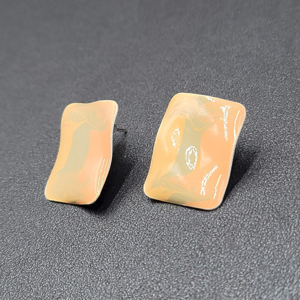 Vintage Pierced Earrings Peach Sage Enamel Rectangle Drop 1"