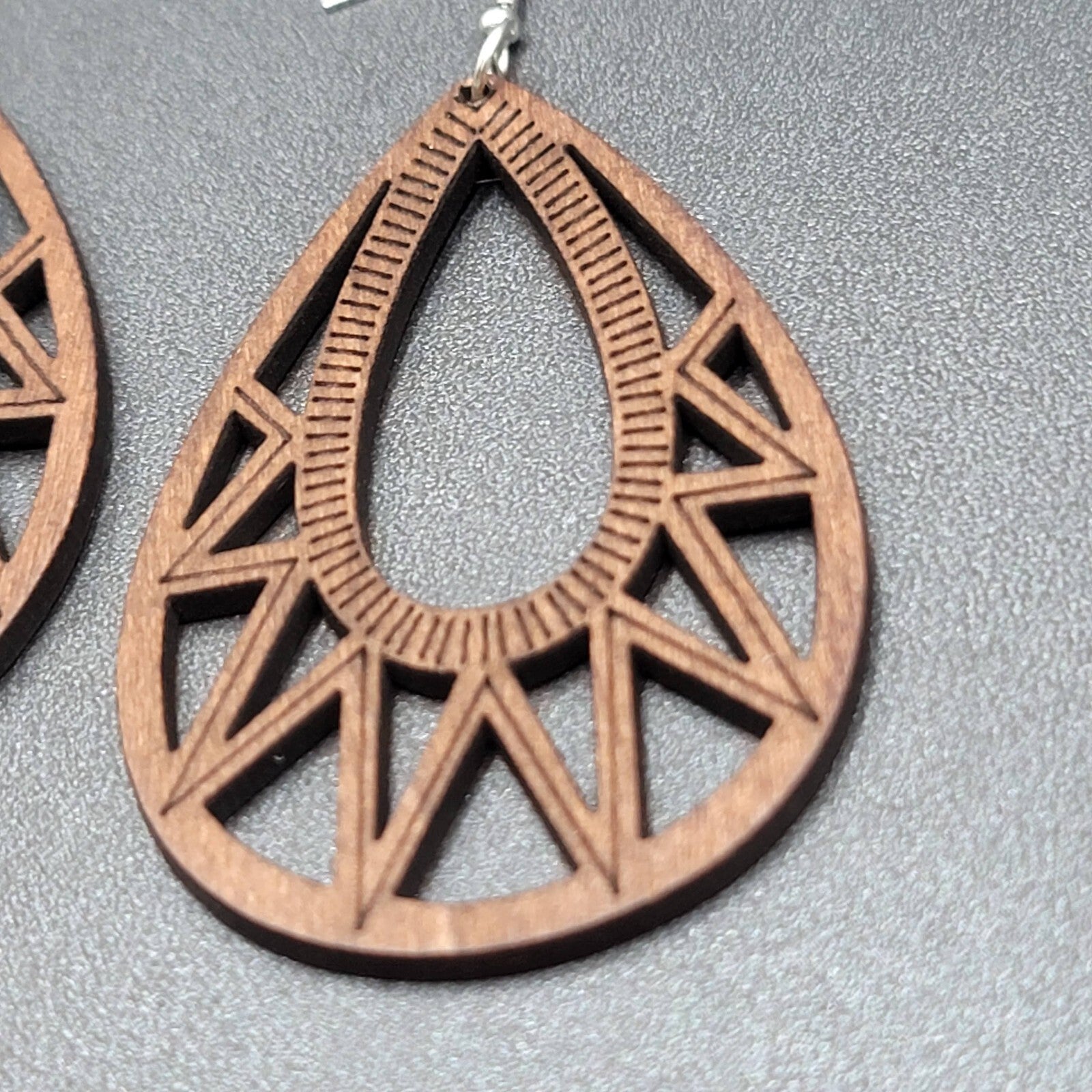 Boho Wood Pierced Earrings Laser Cut Open Teardrop 2.5"