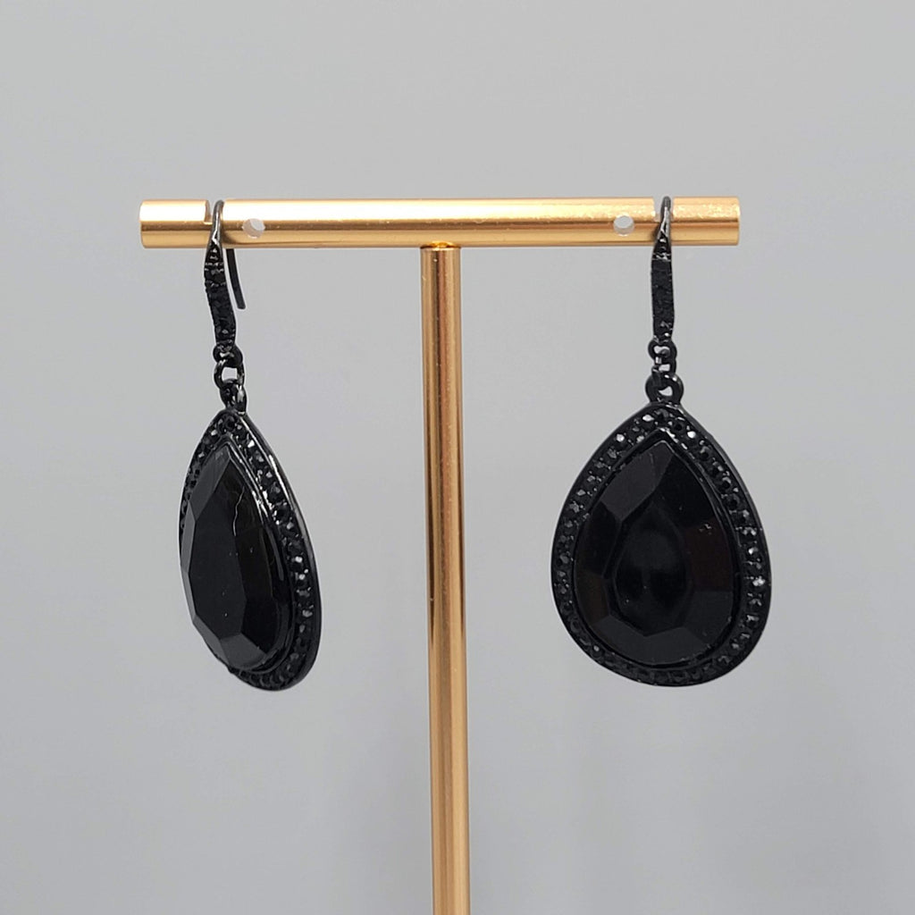 Black Enamel Teardrop Rhinestone Pierced Earrings Dangle 1 3/8 in