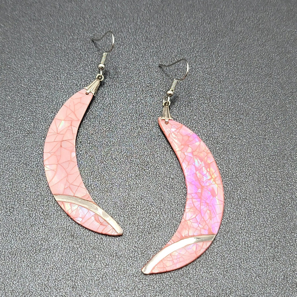 Vintage Pierced Earrings Silver tone Pink Mother of Pearl Inlay Statement 2.75"