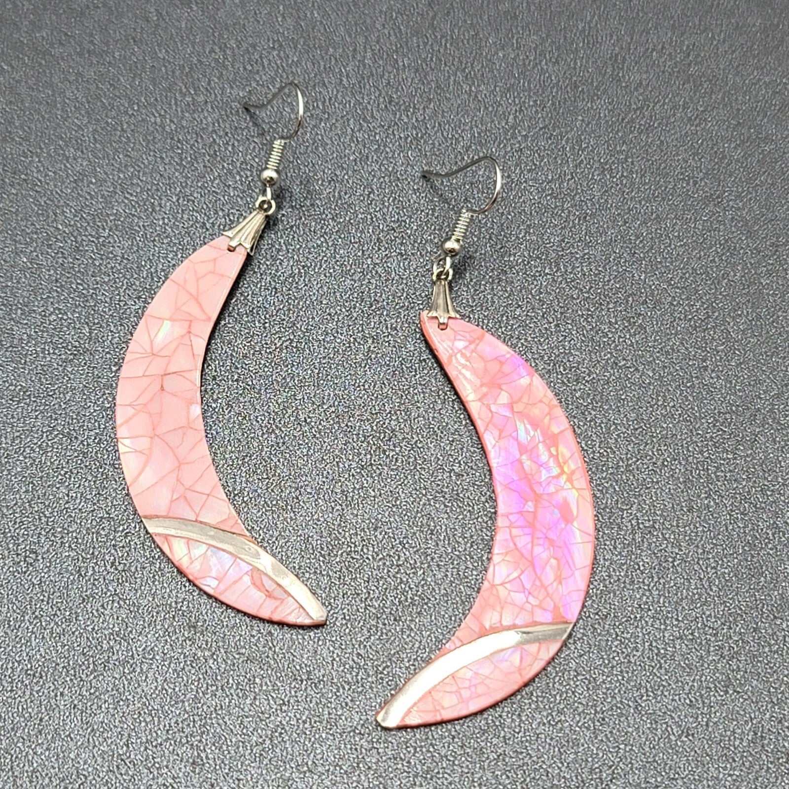 Vintage Pierced Earrings Silver tone Pink Mother of Pearl Inlay Statement 2.75"