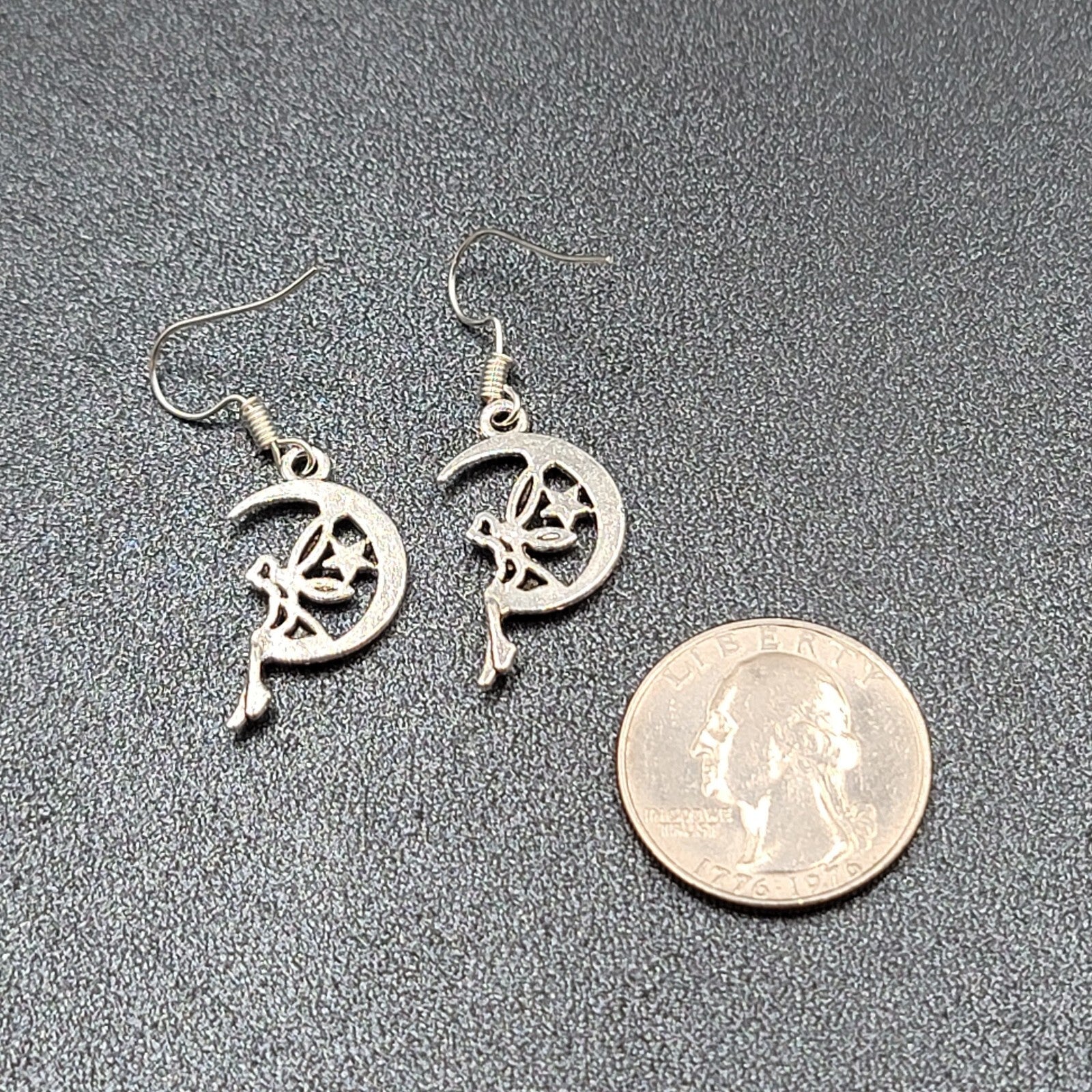 Fairy Moon Pierced Earrings Silver tone Dangle  1"