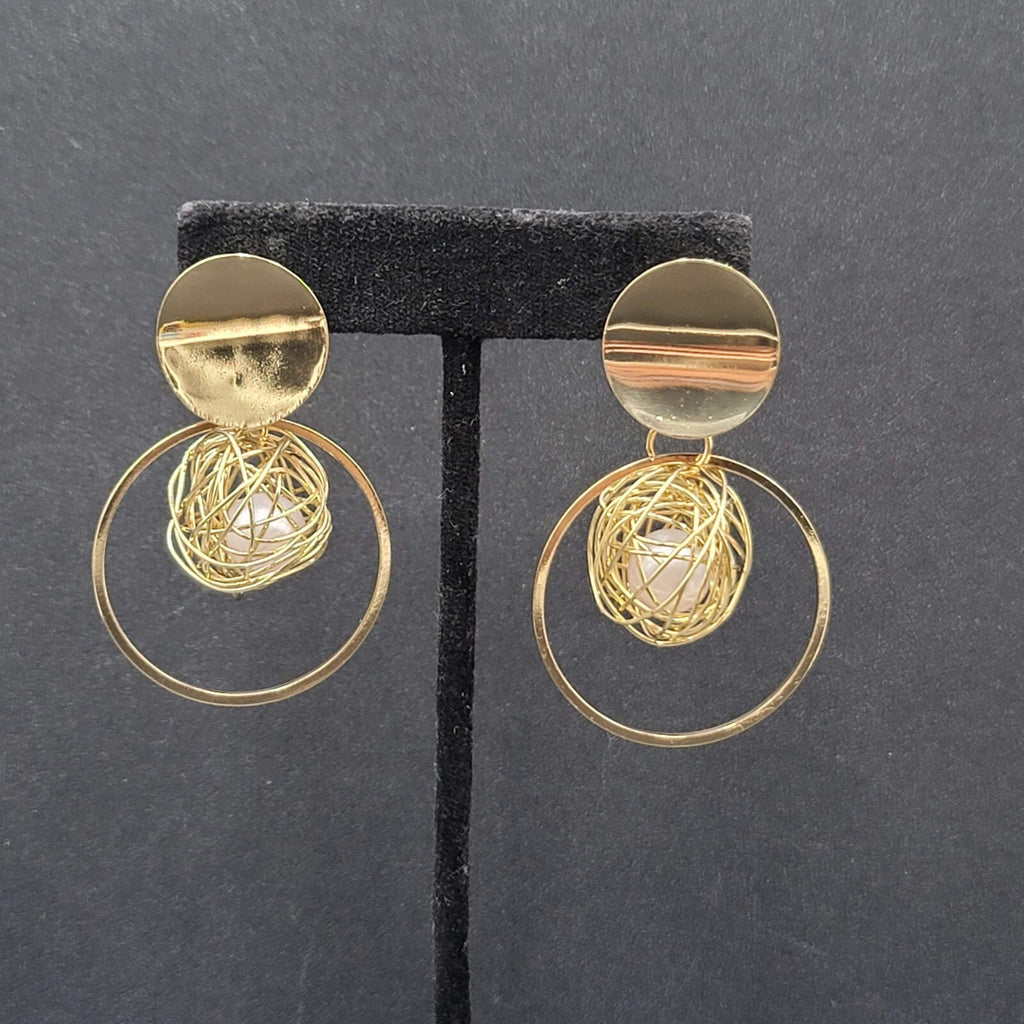 Pierced Earrings Gold tone Large Statement Wire Wrapped White Bead 2.25"