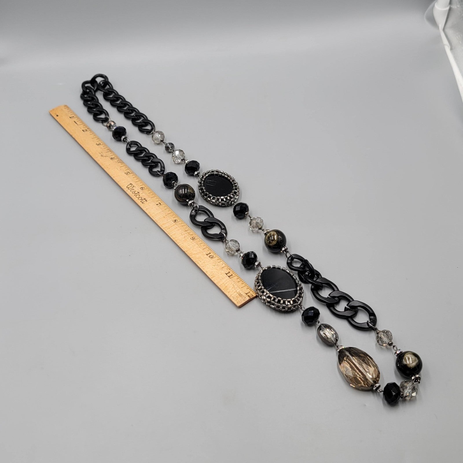 Large Statement Black Metal Eclectic Stone Beads Necklace 36 in