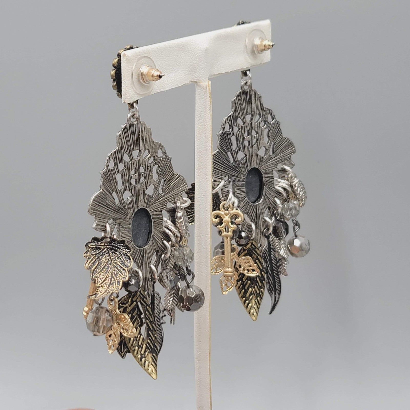 Statement Cameo Charm Pierced Earrings Tri-tone Dangle 3.75"