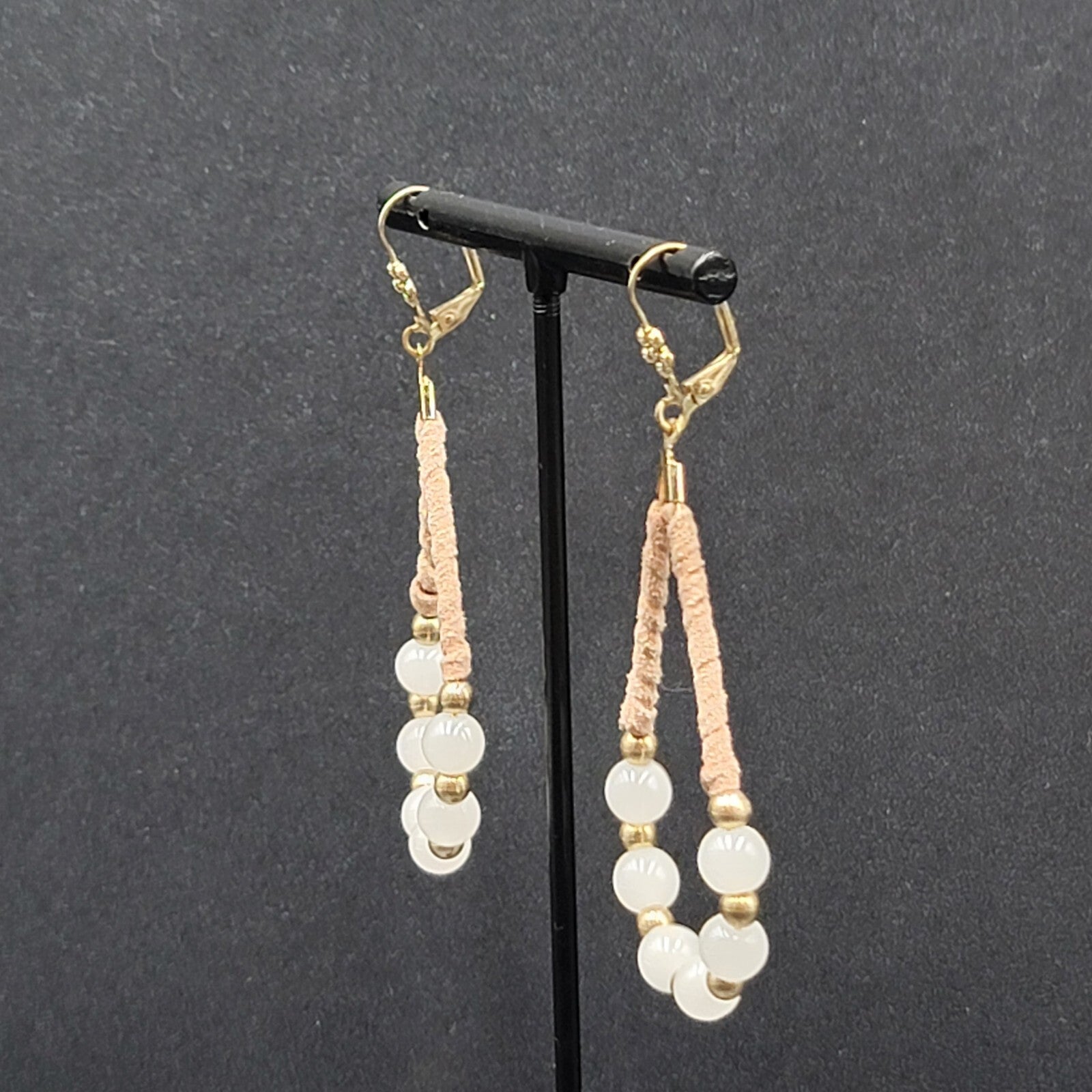 Pierced Earrings Gold tone Leather Wrapped Beaded Teardrop Dangle 2.25"