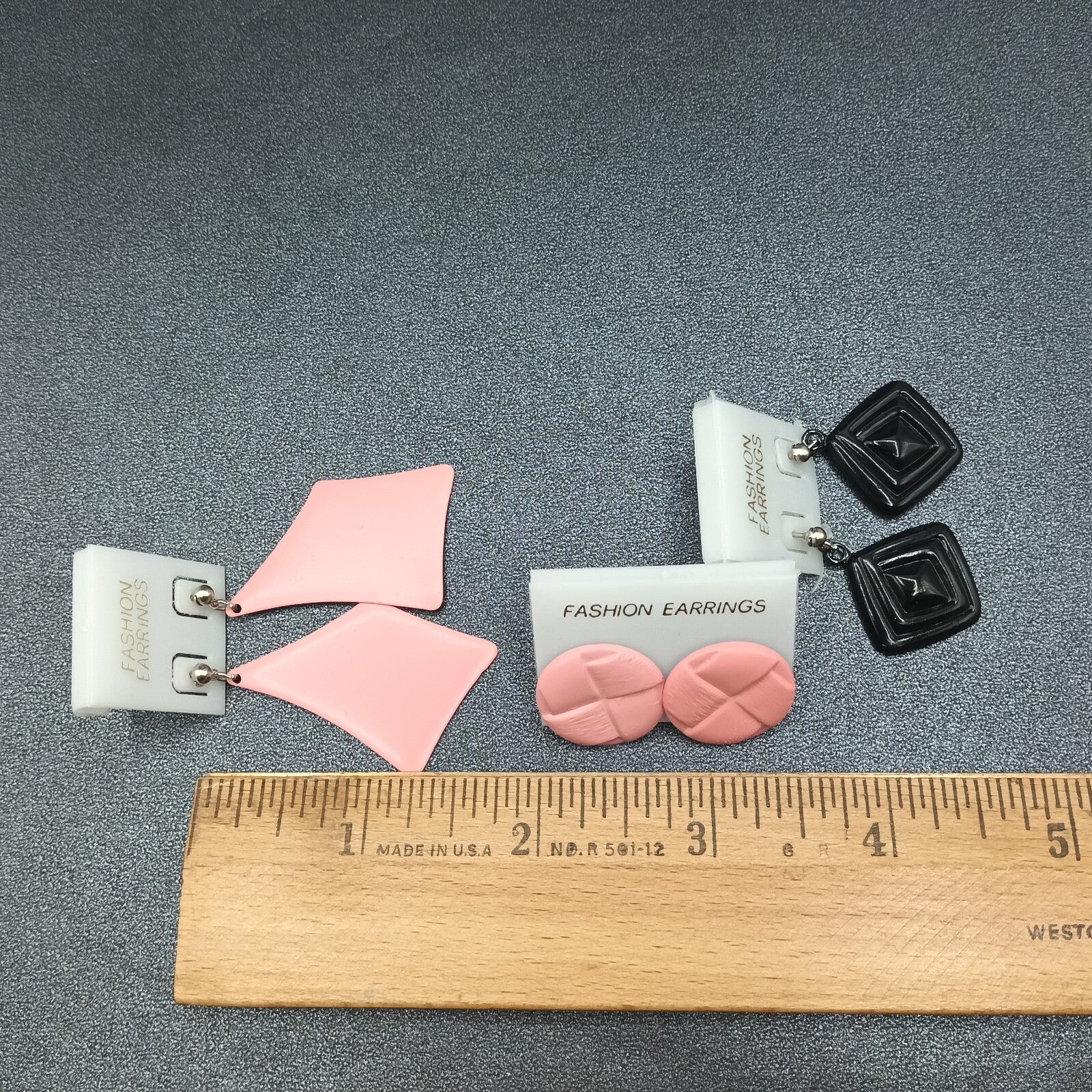 3 Pairs Vintage Pierced Earrings Pink Black Enamel Statement Dangle 80s NOS