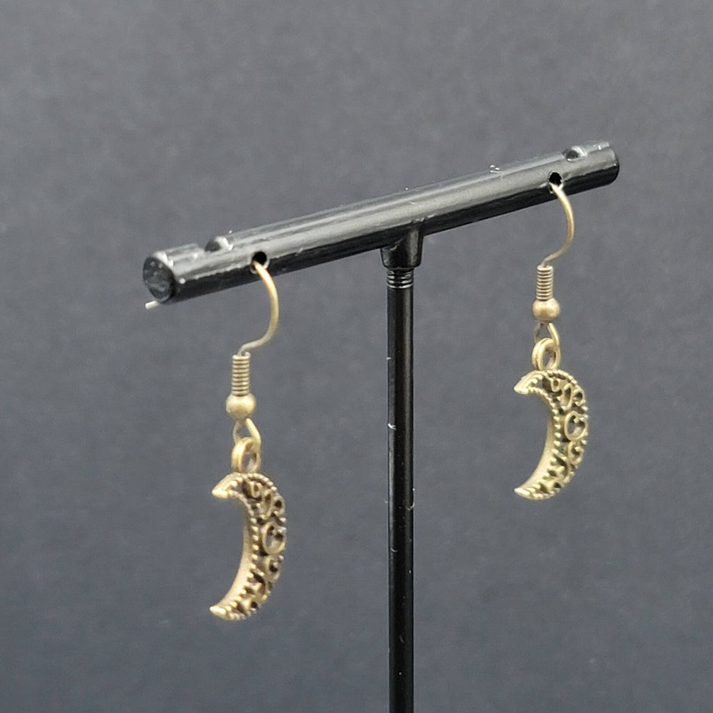 New MOON Pierced Earrings Bronze tone Open Work Metal Dangle 5/8"