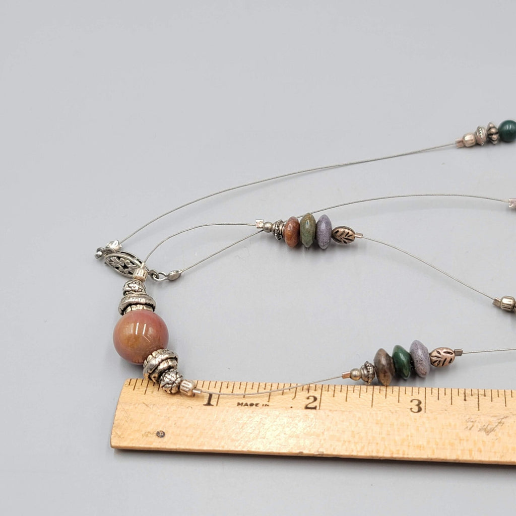 Station Artisan Necklace Multi Stone Bead Silver tone 30"