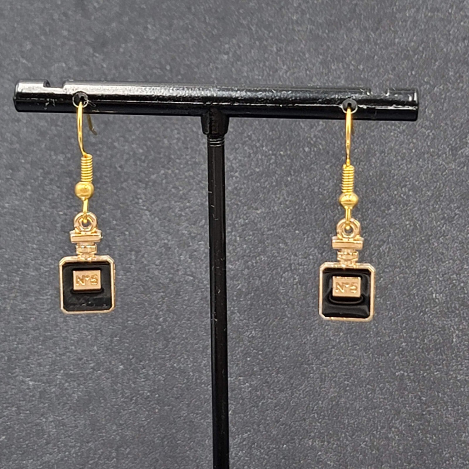 No 5 Perfume Pierced Earrings Gold tone Black Enamel Dangle 5/8"