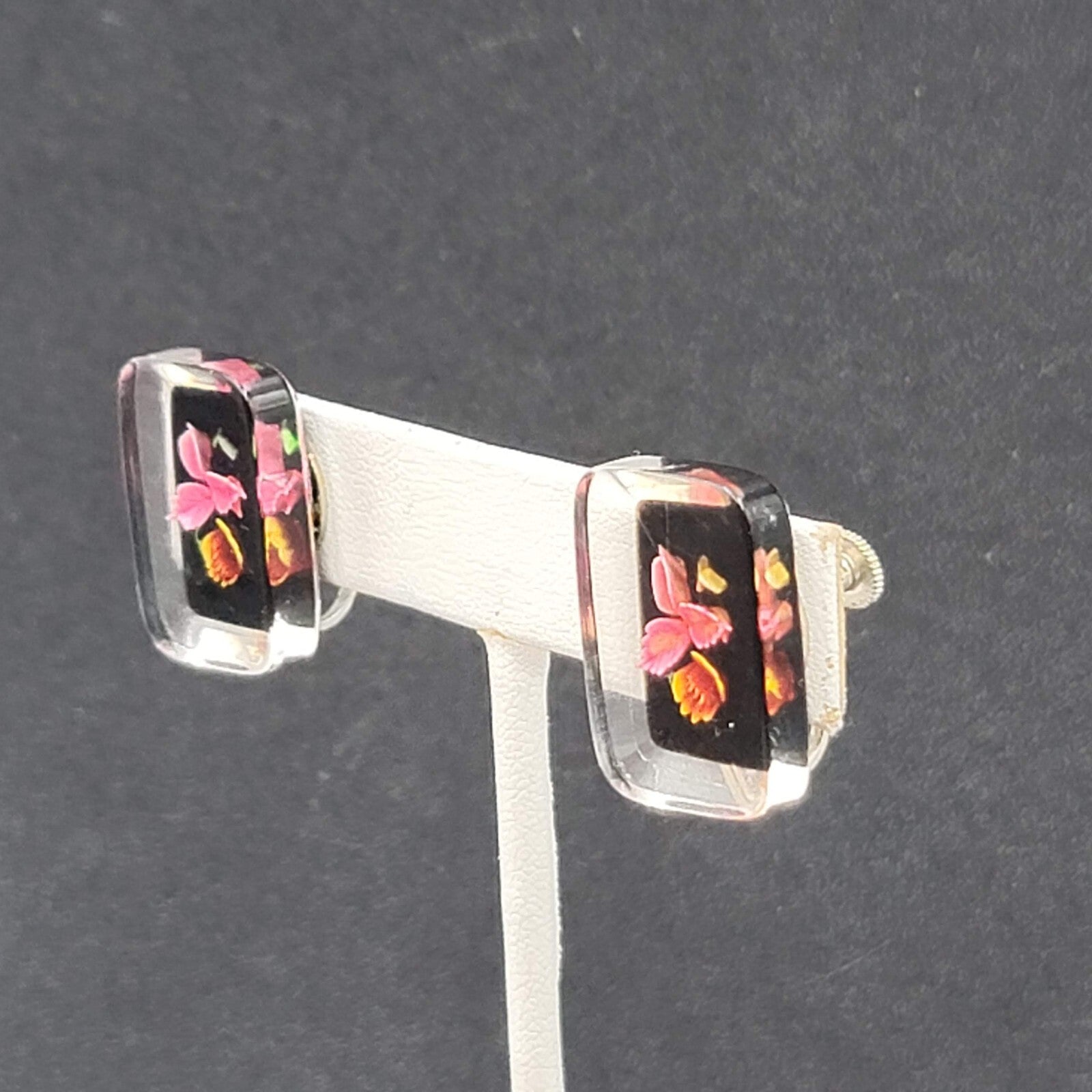 Vintage Clip on Earrings Reverse Carved Lucite Flower Drop 7/8"